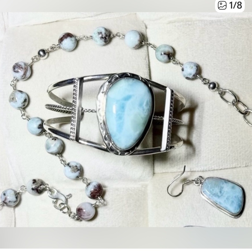 Elegant Blue Larimar Necklace, Pendant, Earrings, and Cuff Jewelry Set
